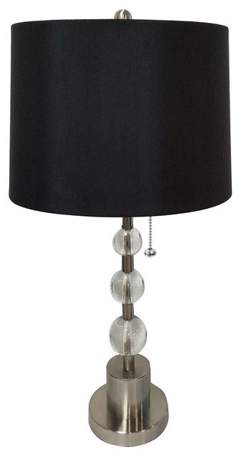 Brush Nickel Lamp with Crystal Ball Accents & Black Shallow Drum Hardback Shade
