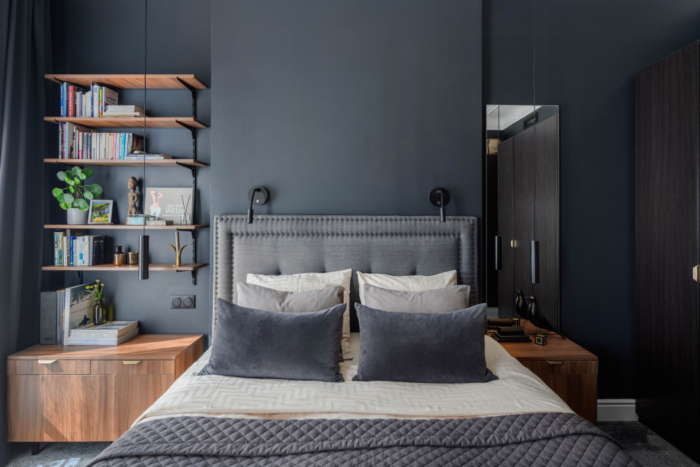 Design ideas for a medium sized contemporary master bedroom in Marseille with blue walls, carpet and blue floors.