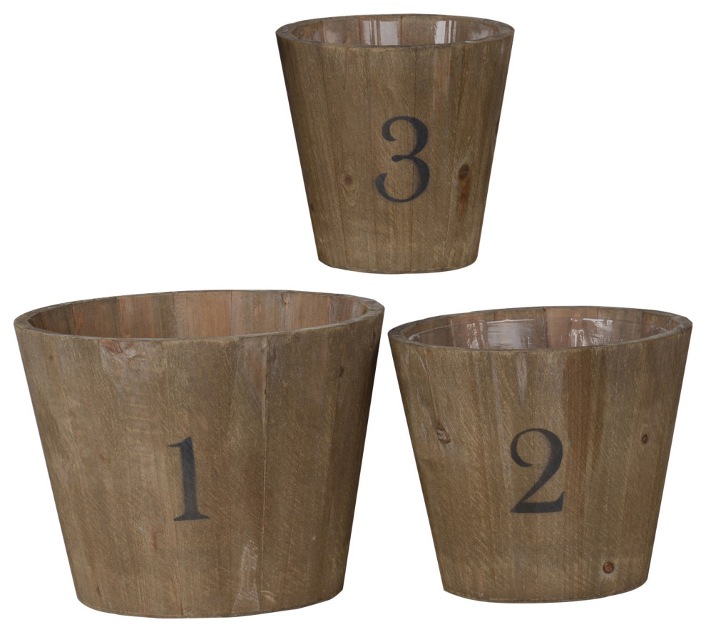 Wooden Planter With Round Base And Assorted Sizes, Set Of 3, Brown
