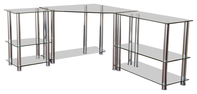 Tempered Glass Corner Computer Desk With Shelves And Dual