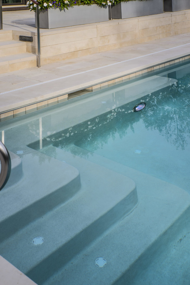 Inspiration for a mid-sized backyard stone and rectangular pool remodel in Chicago