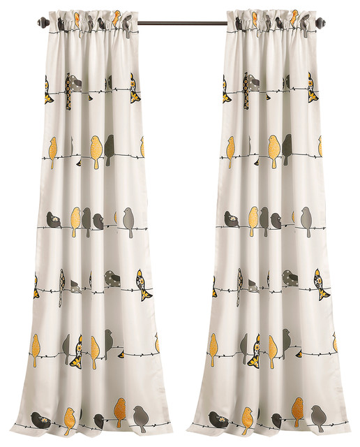 Rowley Birds Room Darkening Window Curtain Yellow Gray Set 52x84