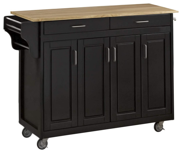 Traditional Kitchen Island Cart, Black Body With 4 Cabinets and Natural ...
