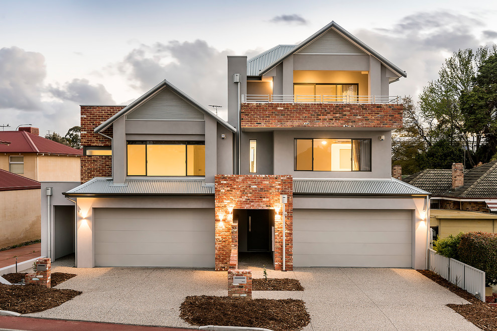 Dreistöckige Moderne Doppelhaushälfte mit Mix-Fassade, Blechdach und grauem Dach in Perth