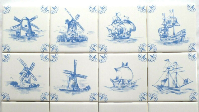 Blue Delft Design Decor Ceramic Tile Mural 6p 4.25" Lighthouse Windmill Boat 