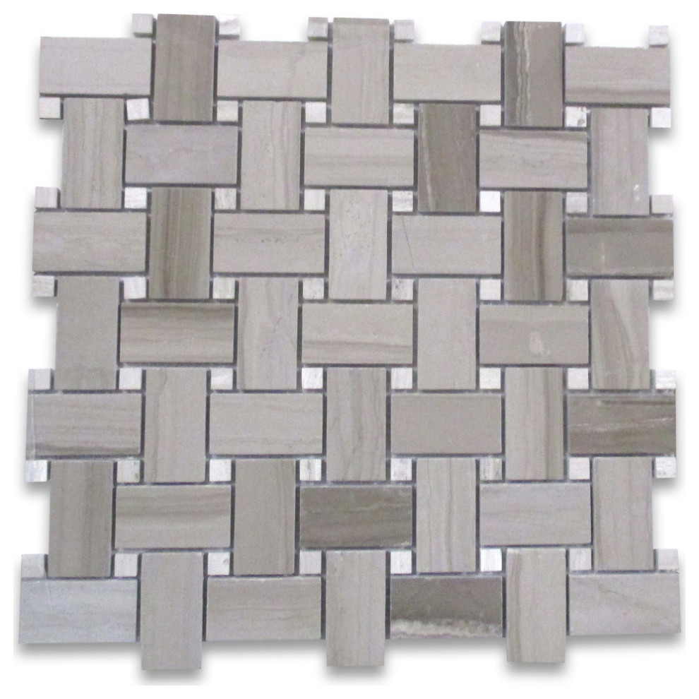 Basketweave Athens Grey Wooden Marble Mosaic Tile Haisa Dark Polished, 1 sheet