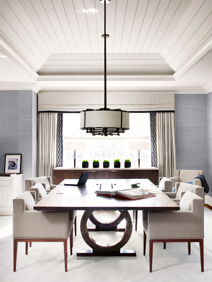 Design ideas for a transitional dining room in New York with grey walls.
