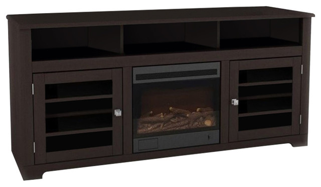 Pemberly Row 58 Wood TV Stand with Fireplace in Black