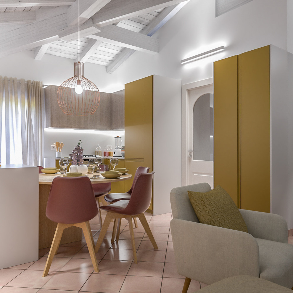This is an example of a mid-sized contemporary u-shaped open plan kitchen in Milan with a double-bowl sink, flat-panel cabinets, yellow cabinets, solid surface benchtops, grey splashback, glass sheet splashback, stainless steel appliances, terra-cotta floors, with island, pink floor and grey benchtop.