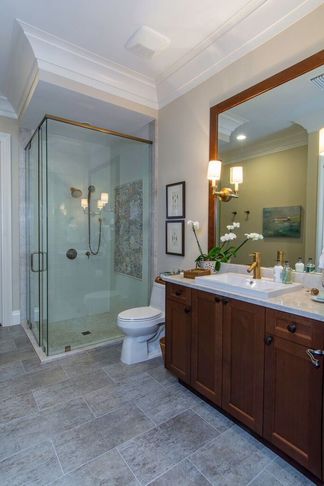 Inspiration for a large contemporary master bathroom in Tampa with recessed-panel cabinets, white cabinets, a drop-in tub, white tile, beige walls, an undermount sink and engineered quartz benchtops.