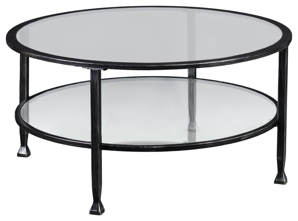 Contemporary Coffee Table, Metal Frame With Round Glass Top & Lower