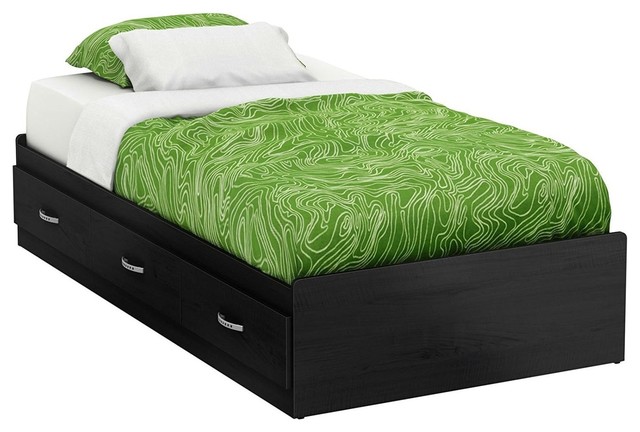 Twin Size Black Platform Bed Frame With With 3 Storage Drawers