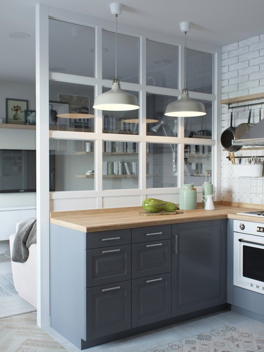 Inspiration for a small country u-shaped eat-in kitchen in London with a single-bowl sink, turquoise cabinets, wood benchtops, ceramic floors, no island and beige benchtop.