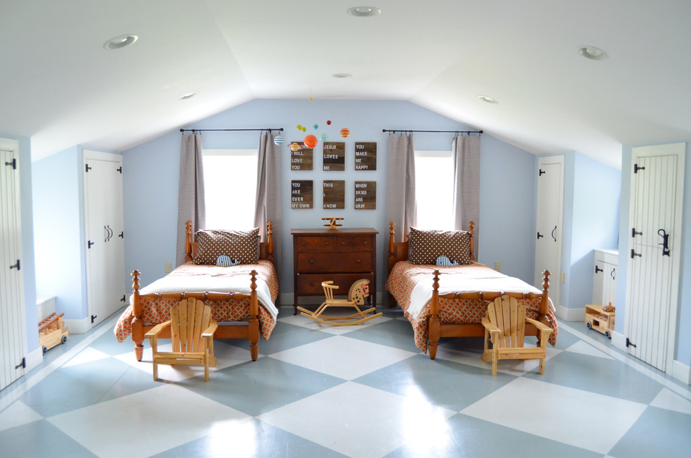 Design ideas for a country gender-neutral kids' room in Philadelphia with blue walls and multi-coloured floor.