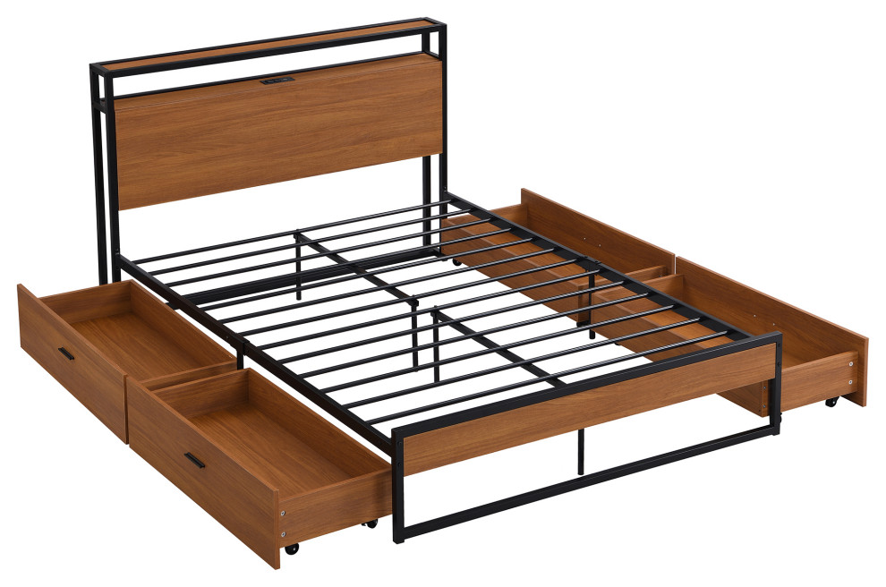 Full/Queen Metal Frame Wood Platform Bed with Four Drawers, Sockets and