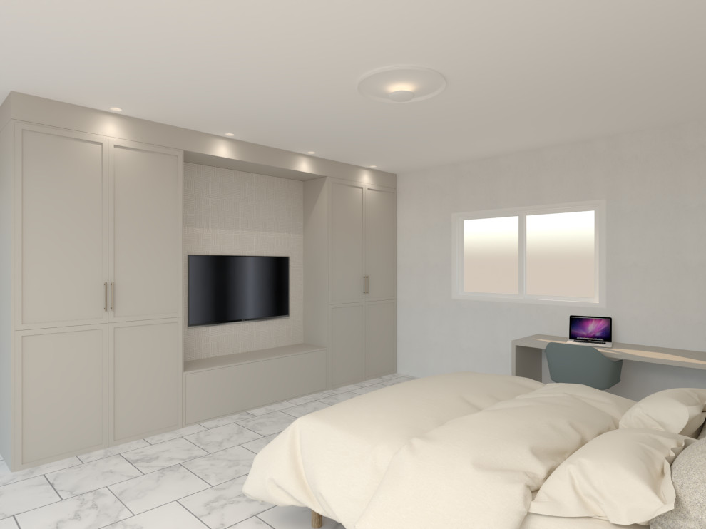 Idéer för stora funkis sovrum, med vita väggar, klinkergolv i porslin, en dubbelsidig öppen spis och vitt golv