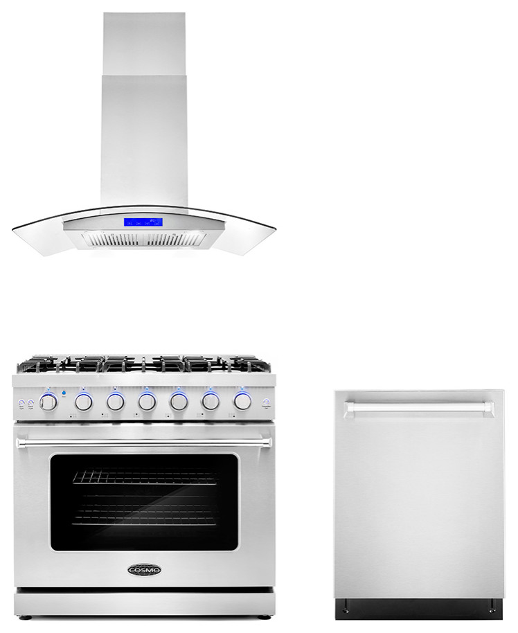 3Piece, 36" Gas Range, 36" Island Range Hood and 24" Dishwasher