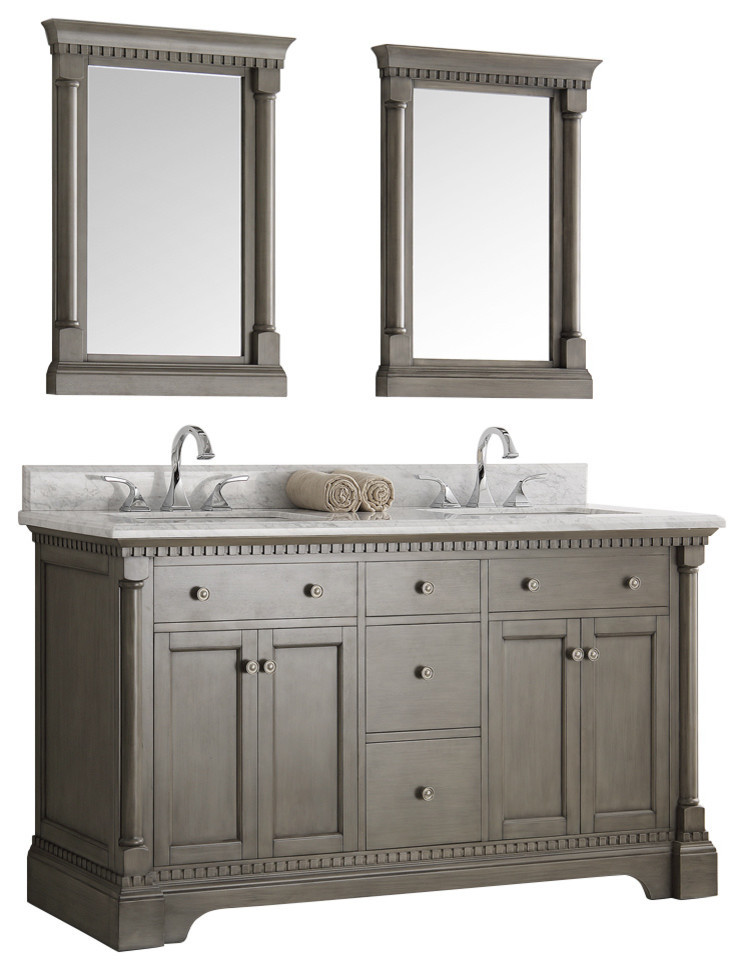 Kingston 60" Antique Silver Double Sink Traditional Bathroom Vanity, Mirrors