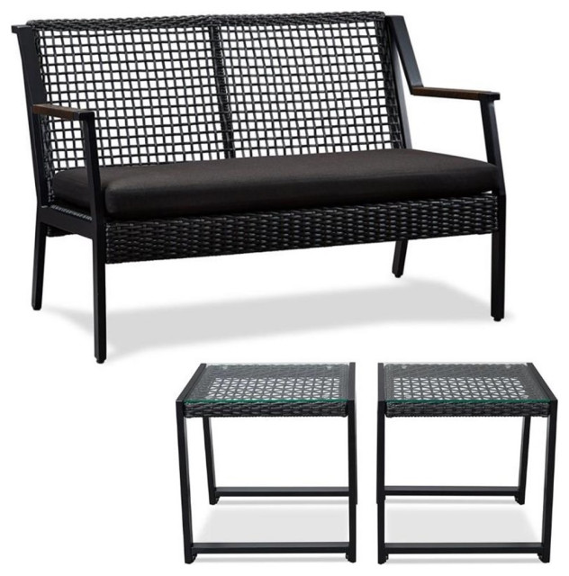 Home Square 3 Piece Garden Patio Set with Bench and 2 End Tables in