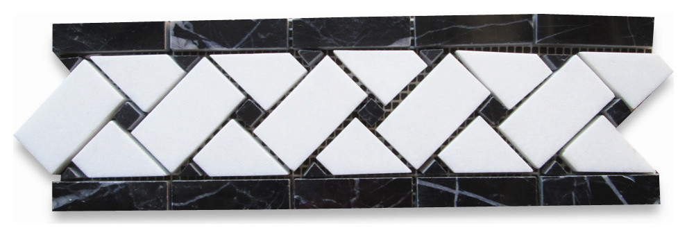 Thassos White Marble 4x12 Basketweave Mosaic Border Black Dots Polish, 1 sheet