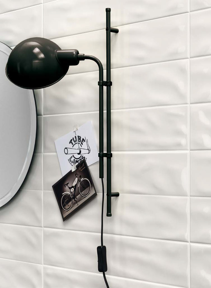 Freestanding bathtub - transitional white tile and subway tile medium tone wood floor freestanding bathtub idea with beige walls
