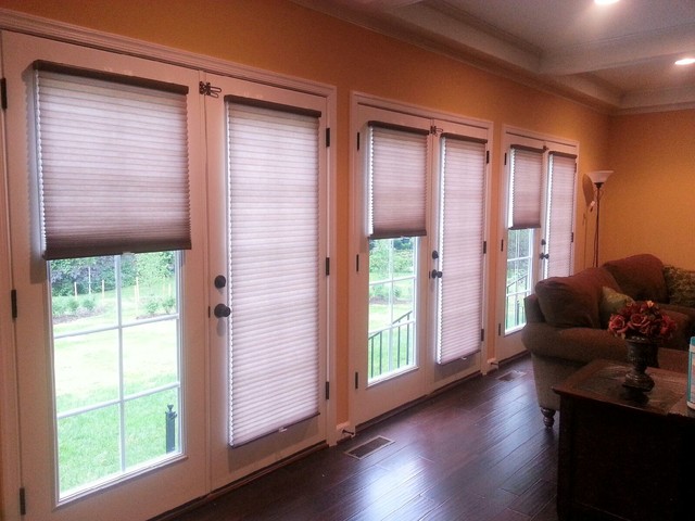 Cellular shades on French doors - Contemporary - Living Room - DC Metro -  by Delmarva Blinds & Shutters