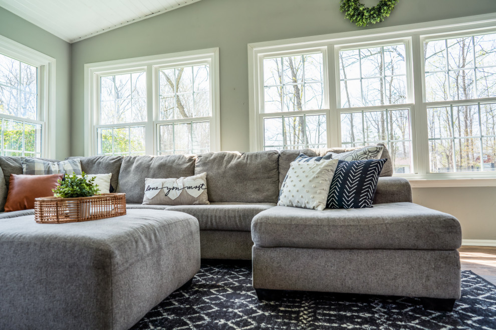 Foto di un soggiorno minimalista di medie dimensioni e aperto con pareti grigie, parquet scuro, pavimento marrone e soffitto a volta