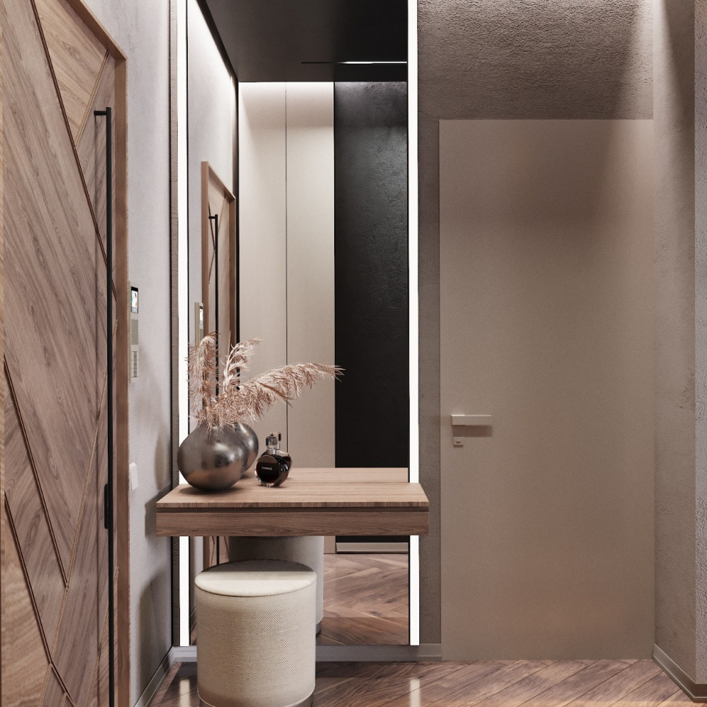 Idee per un ingresso o corridoio contemporaneo di medie dimensioni con pareti nere, pavimento in legno massello medio e pavimento marrone