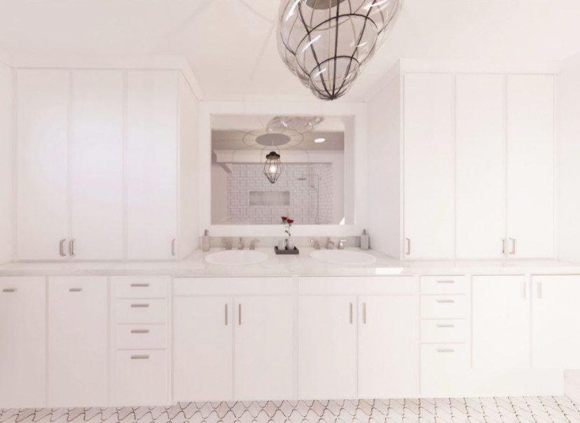 Inspiration för mellanstora moderna flerfärgat en-suite badrum, med släta luckor, vita skåp, vit kakel, keramikplattor, vita väggar, klinkergolv i porslin, ett undermonterad handfat och bänkskiva i kvartsit