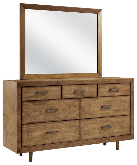 Silas Retro Mid Century 7 Drawer Wood Dresser And Mirror Art Deco Style Dresser By American Of Martinsville Features Burl Wood Drawer Faces Brass Hardware And Matching Mirror With Routed Detailing In
