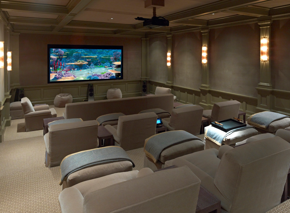 Design ideas for a large traditional enclosed home theatre in Dallas with carpet, a projector screen, beige floor and grey walls.