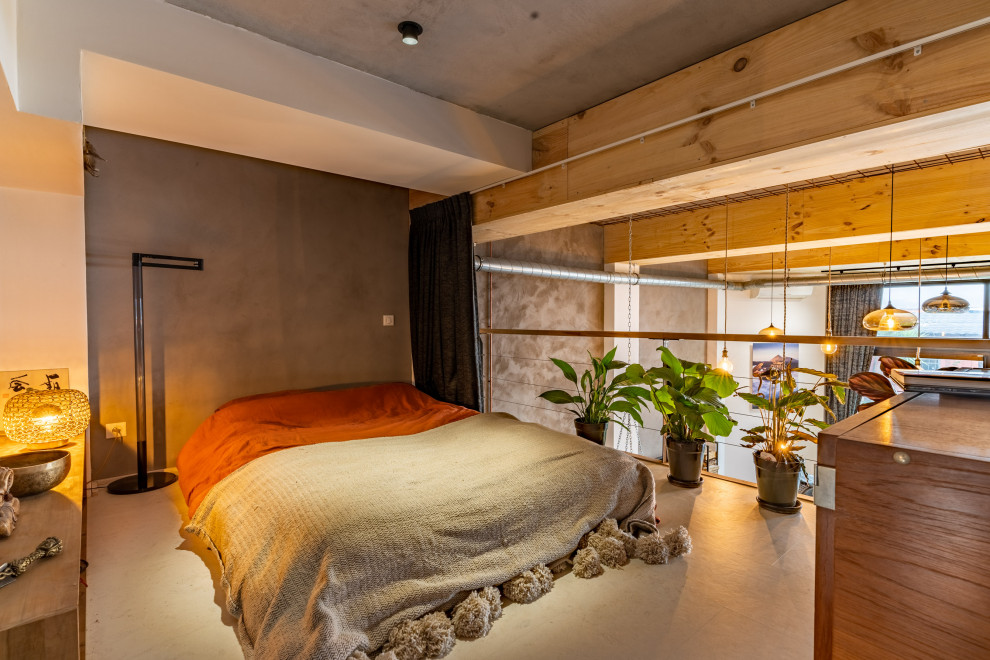 Стильный дизайн: спальня среднего размера в стиле лофт - последний тренд