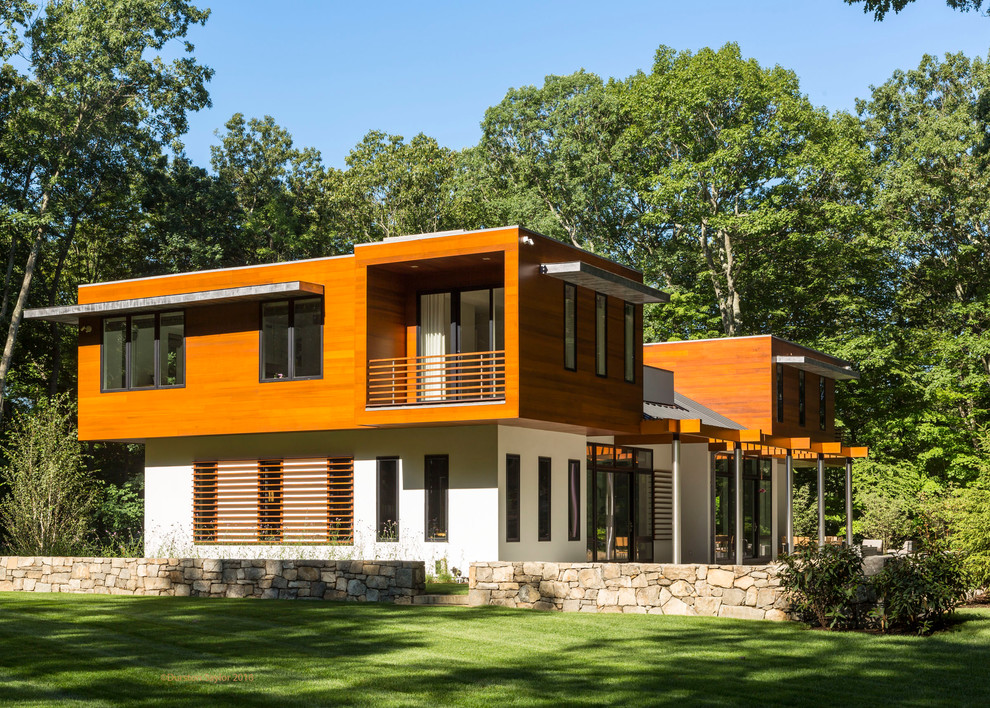 Idee per la villa grande bianca contemporanea a due piani con rivestimento in legno, tetto piano, copertura in metallo o lamiera e tetto grigio