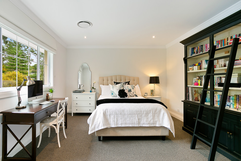 Design ideas for a mid-sized transitional guest bedroom in Sydney with white walls and carpet.