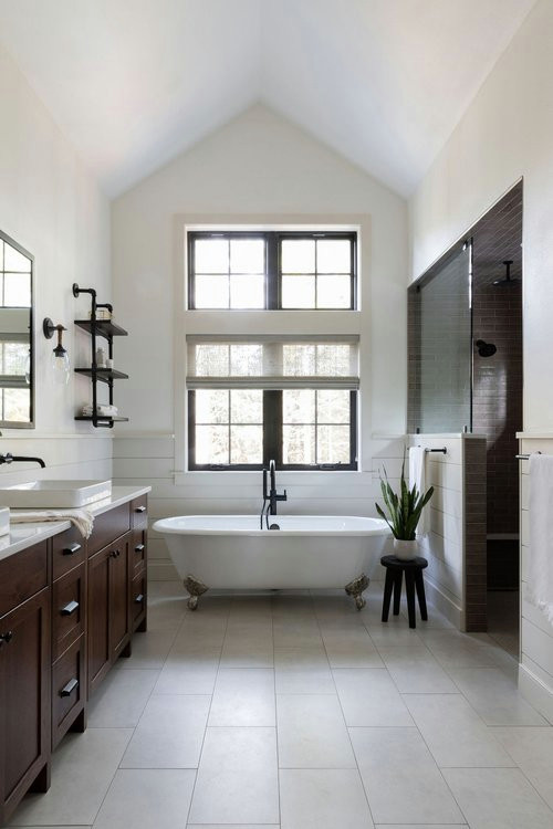 Design ideas for a mid-sized contemporary master bathroom in Seattle with shaker cabinets, medium wood cabinets, a freestanding tub, a shower/bathtub combo, marble floors, a console sink, engineered quartz benchtops, an open shower, white benchtops, a double vanity and a built-in vanity.