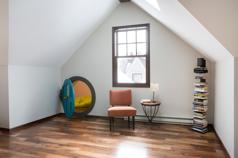 Attic master suite with a Hobbit Hole - We took this unfinished attic and turned it into a master suite full of whimsical touches. There is a round Hobbit Hole door that leads to a carpeted play room for the kids, a rope swing and 2 secret bookcases that are opened when you pull the secret Harry Potter books.