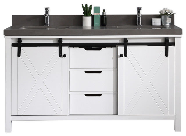Double Sinks Vanity With Barn Door In White With 2" Grey Quartz ...