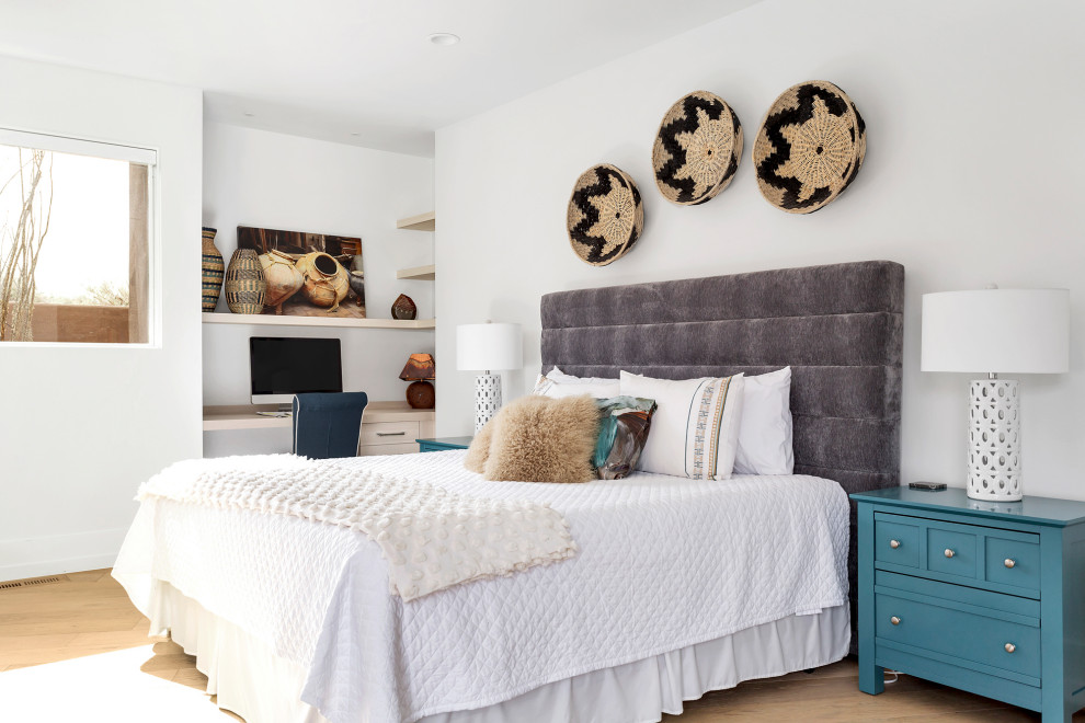 Bedroom - transitional master medium tone wood floor and brown floor bedroom idea in Salt Lake City with white walls and no fireplace