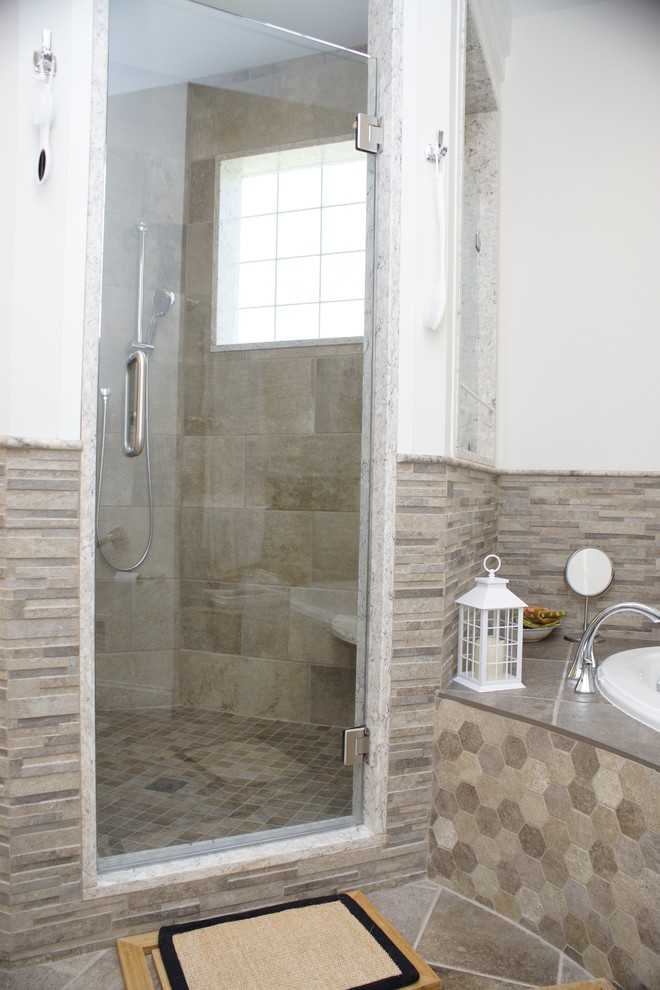 Mid-sized transitional master multicolored tile and porcelain tile porcelain tile drop-in bathtub photo with flat-panel cabinets, white cabinets, white walls and granite countertops