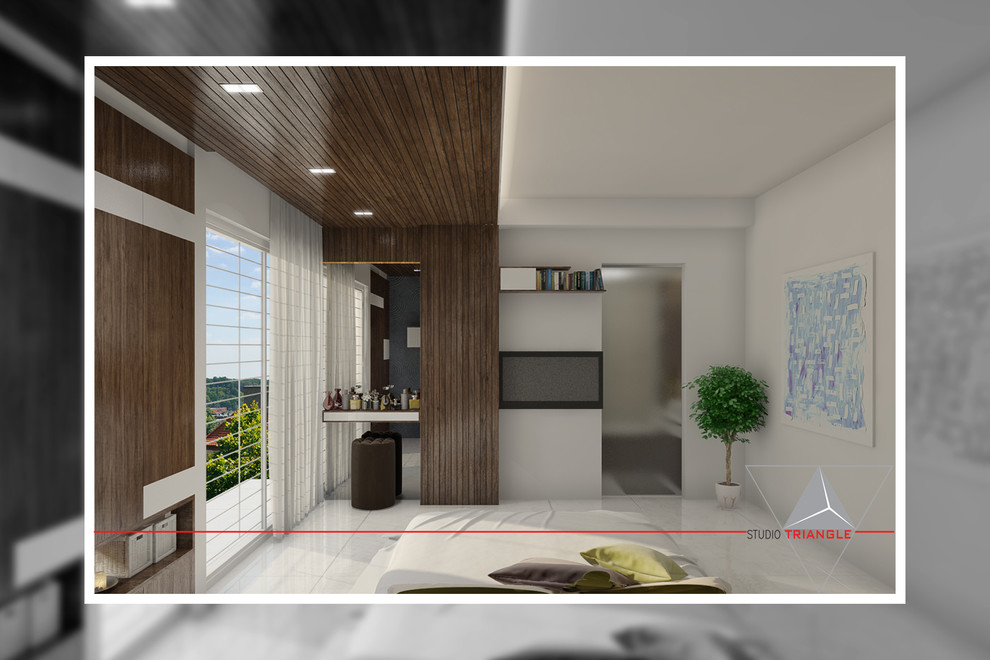 Example of a mid-sized minimalist master ceramic tile and white floor bedroom design with multicolored walls