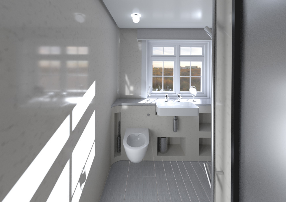 Идея дизайна: маленькая серо-белая ванная комната: освещение в современном стиле с плоскими фасадами, белыми фасадами, душевой комнатой, инсталляцией, серыми стенами, полом из терракотовой плитки, накладной раковиной, столешницей из искусственного камня, разноцветным полом, открытым душем, серой столешницей, тумбой под одну раковину, встроенной тумбой и многоуровневым потолком для на участке и в саду