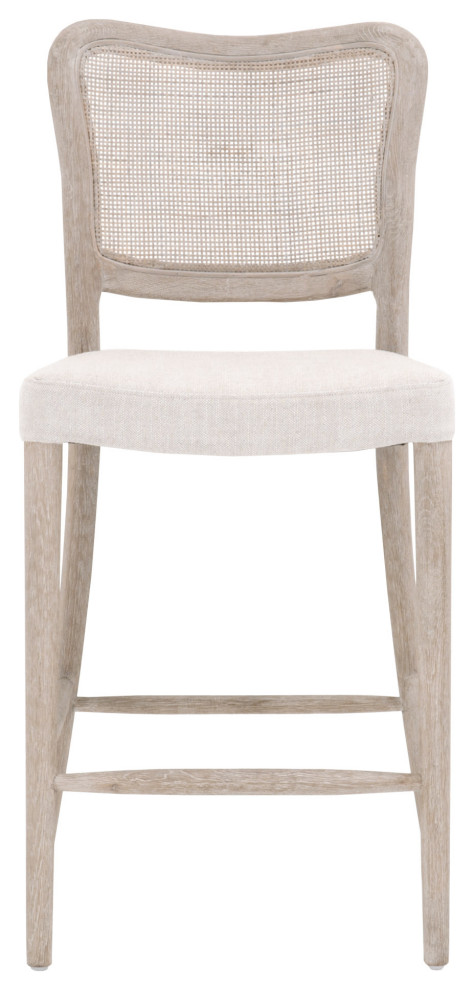 Transitional Bisque Linen & Cane Counter Stool with Oak Base
