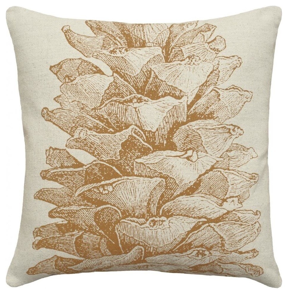 Pinecone Hand-Printed Linen Pillow, Caramel