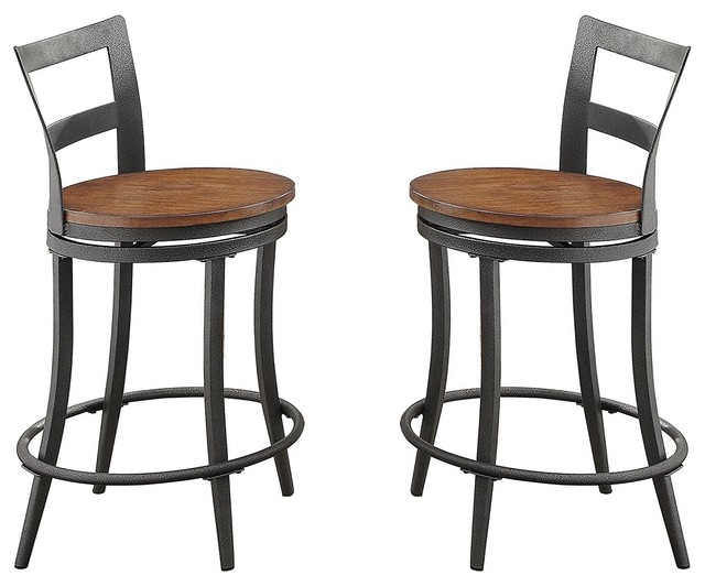Wooden & Metal Counter Height Swivel Chair, Gray & Brown, Set Of 2