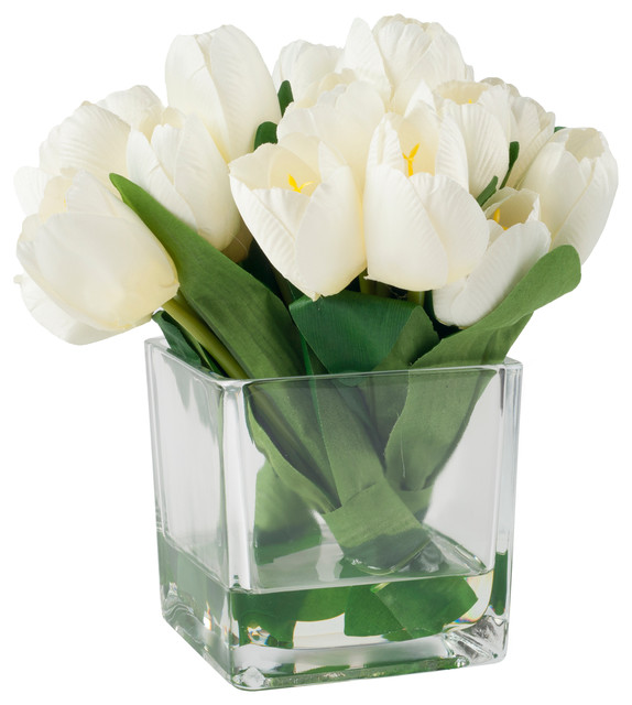 Pure Garden Tulip Floral Arrangement With Glass Vase, Cream