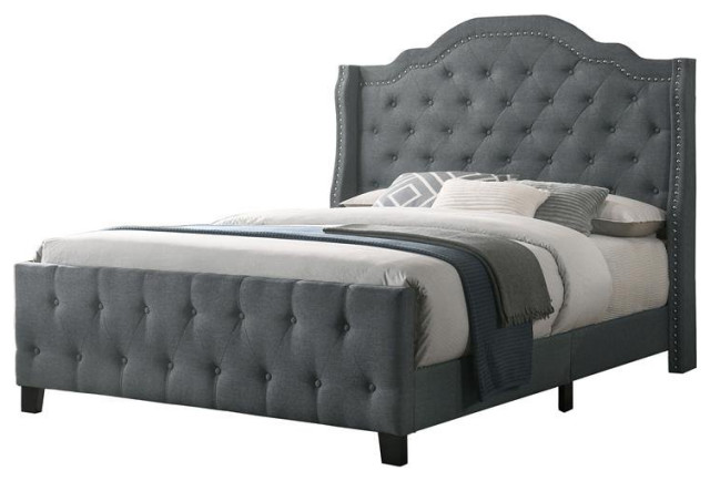 Dark Grey Linen Panel Bed With Tufted, Queen Eastern King Bed Frame For Headboard And Footboard Black