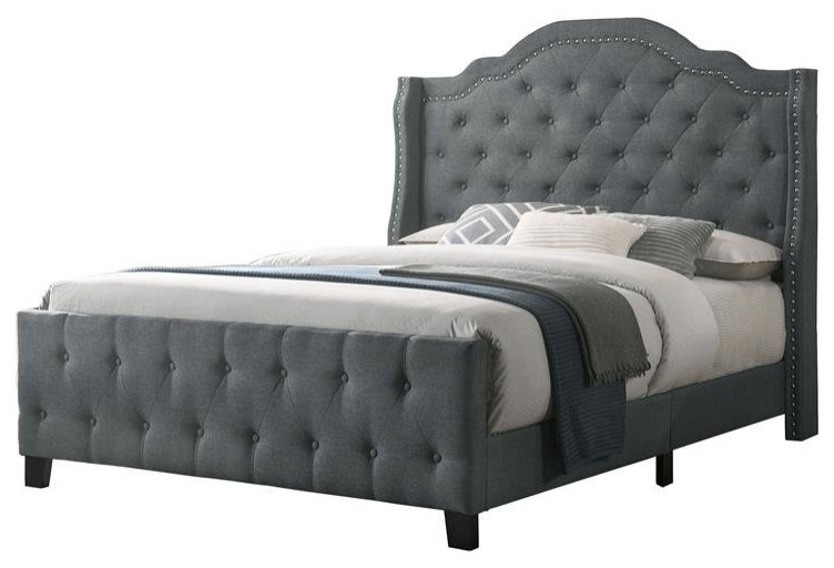 Dark Grey Linen Panel Bed with Tufted Headboard and Footboard in Eastern King Transitional