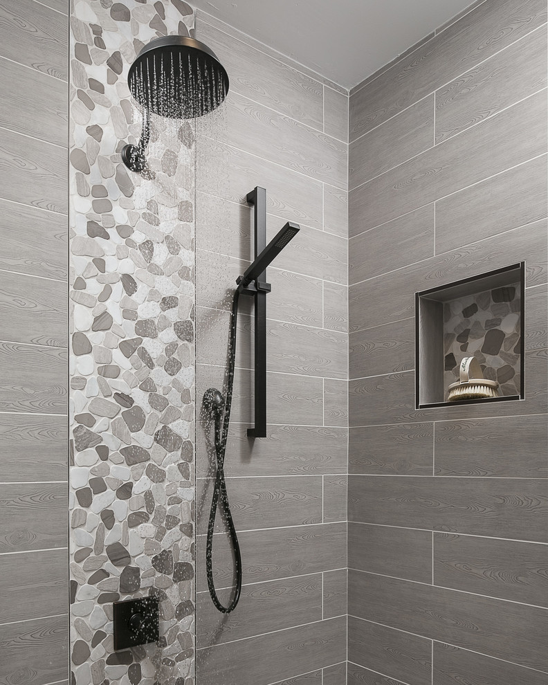 Inspiration for a small transitional 3/4 bathroom in Sacramento with a one-piece toilet, gray tile, white walls, pebble tile floors, beaded inset cabinets, white cabinets, an alcove shower, porcelain tile, an undermount sink, engineered quartz benchtops, grey floor and an open shower.
