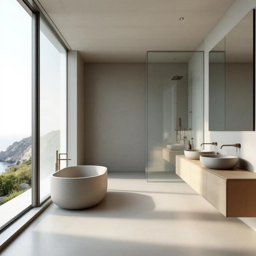 Baño con vistas al mar · Minimalismo cálido