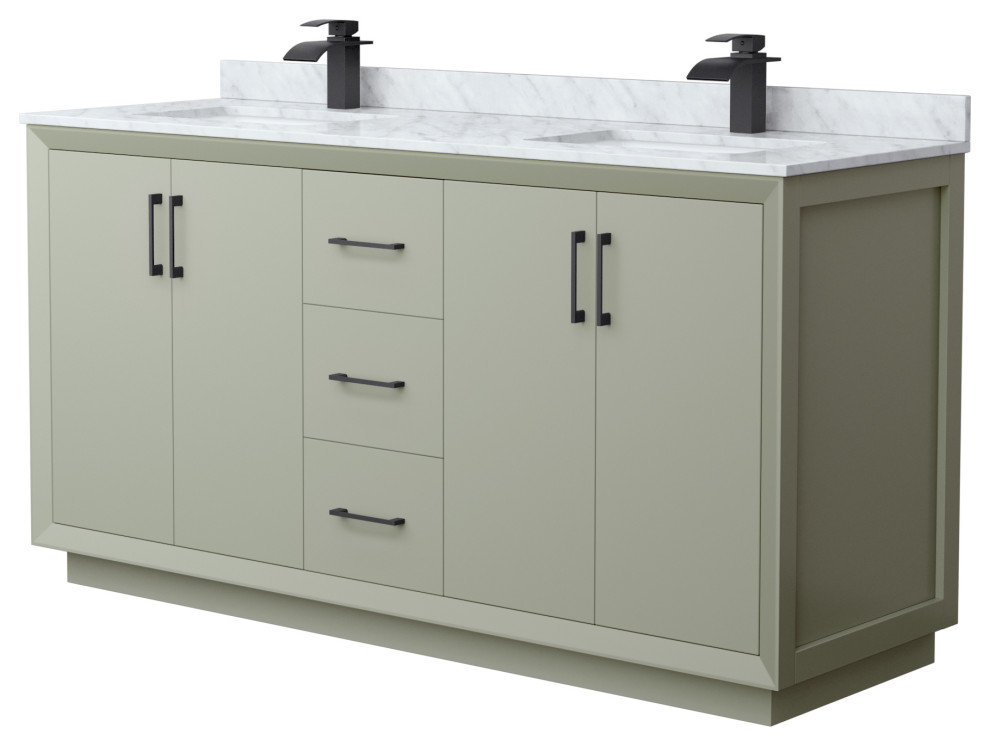 Strada 66" Double Vanity, Green, White Carrara Marble Top, Sinks, Black Trim
